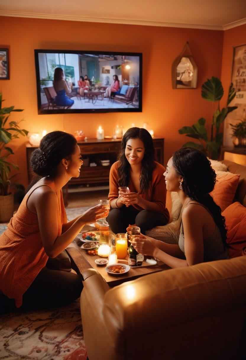 A cozy living room scene with a collection of diverse women gathered around a large TV, engrossed in a romantic cable television series. Soft lighting emanating from the screen highlights their expressions of joy and emotion, with snacks and drinks scattered around. Various cultural artifacts represent different backgrounds, symbolizing the passion and connection of relationships. The background hints at an eclectic mix of decor that sparks vibrant conversations. super-realistic. warm tones. intimate atmosphere.