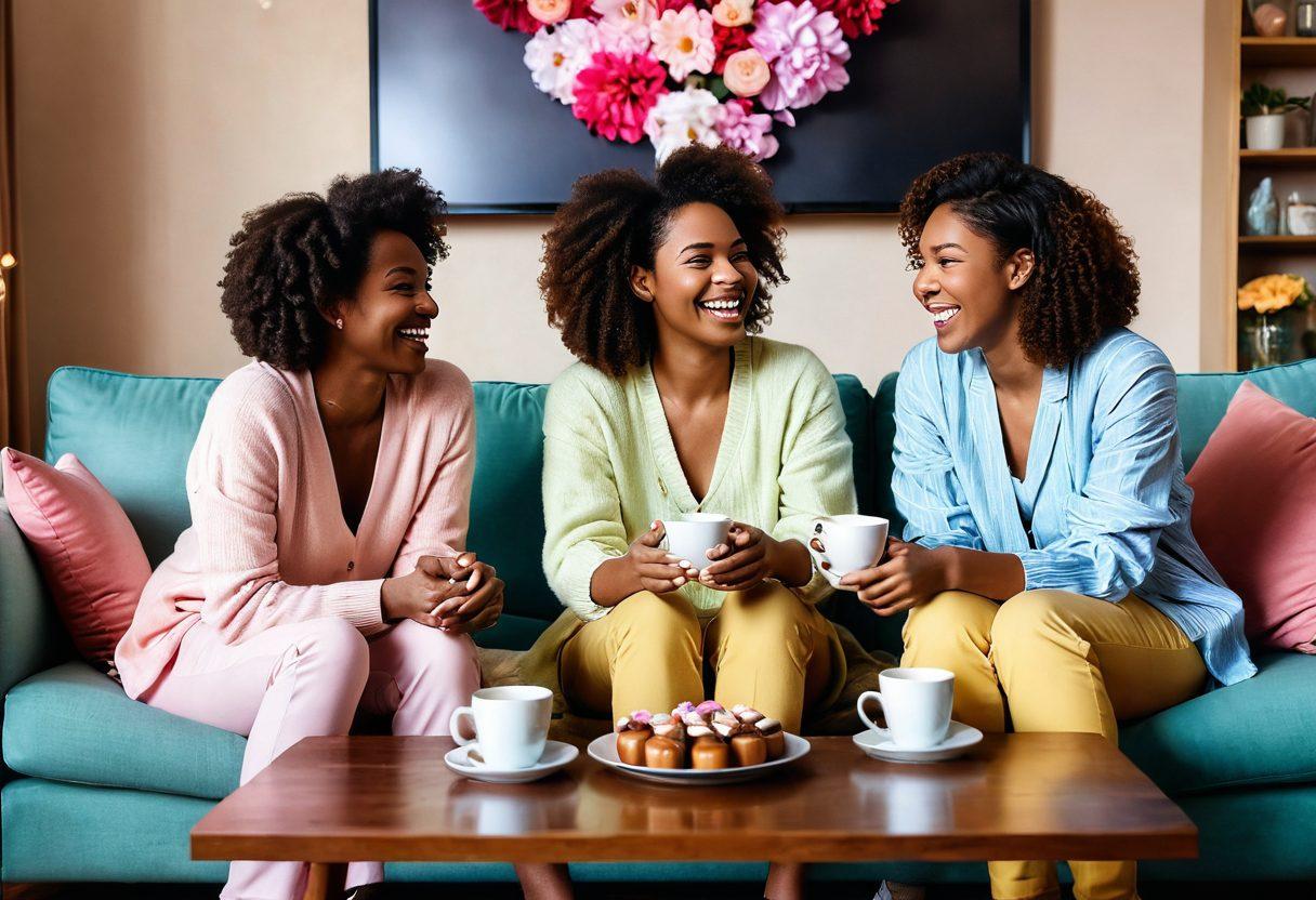 A cozy living room setting with three stylish women of diverse ethnicities sharing laughter and friendship over a coffee table filled with heart-shaped chocolates and flowers. The background features a television screen with iconic scenes from popular cable network shows about relationships, and a aura of warmth and love in the atmosphere. Soft pastel colors and charming details like cushions and fairy lights to create an inviting ambiance. vibrant colors. soft focus. cozy atmosphere.